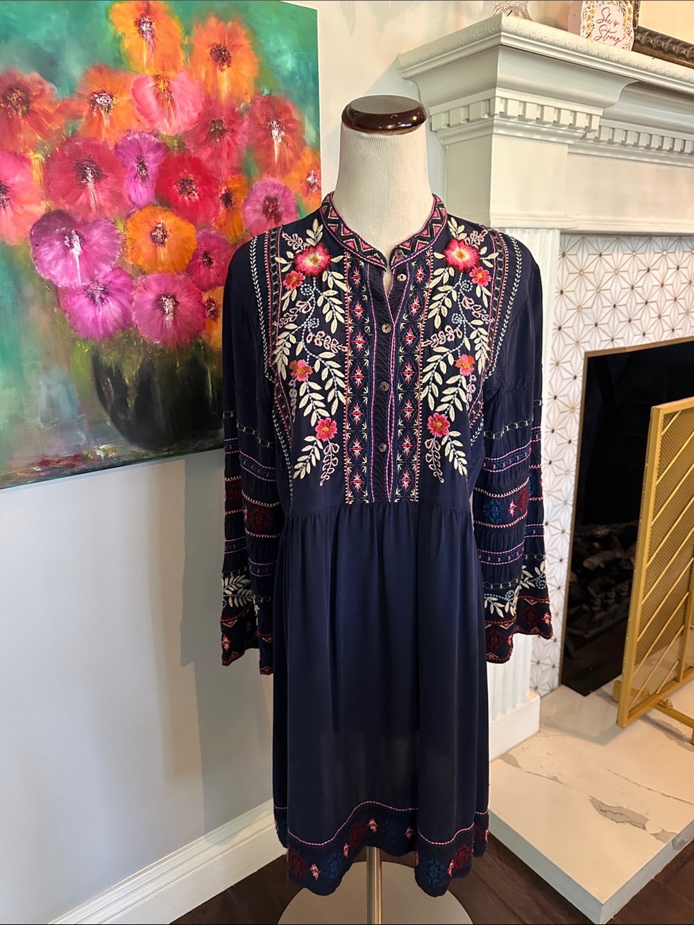Johnny Was Navy Embroidered Long-Sleeve Dress with Pink & Cream Floral Accents